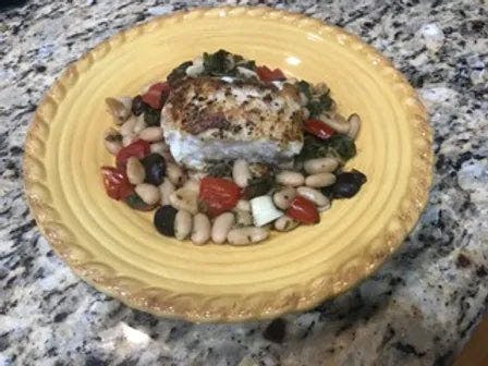 SEARED SEA BASS WITH LEMON-OLIVE WHITE BEANS