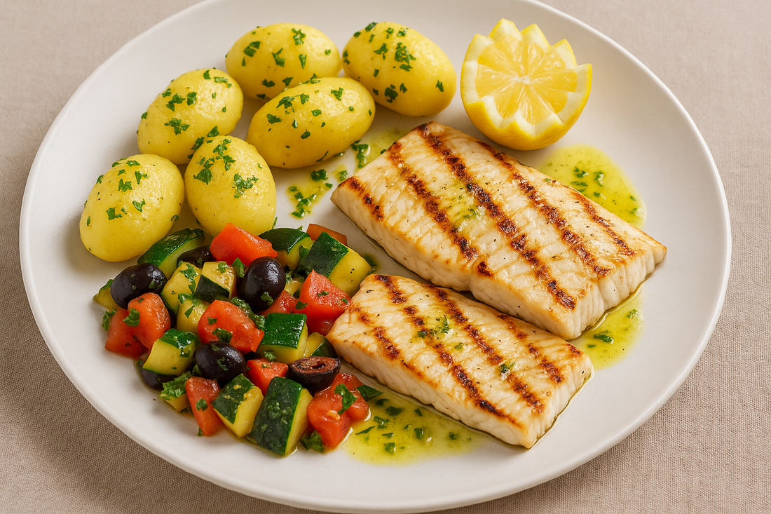 GRILLED WOLF FISH WITH FRESH THYME ON MEDITERRANEAN VEGETABLES