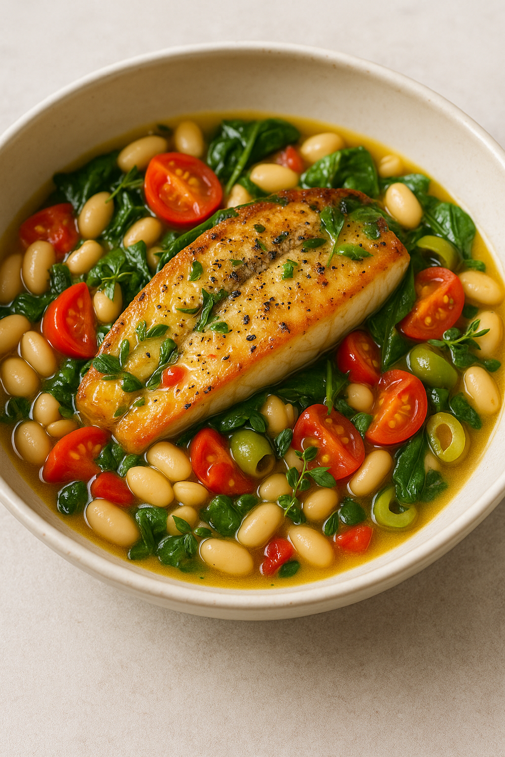 SEARED SEA BASS WITH LEMON-OLIVE WHITE BEANS
