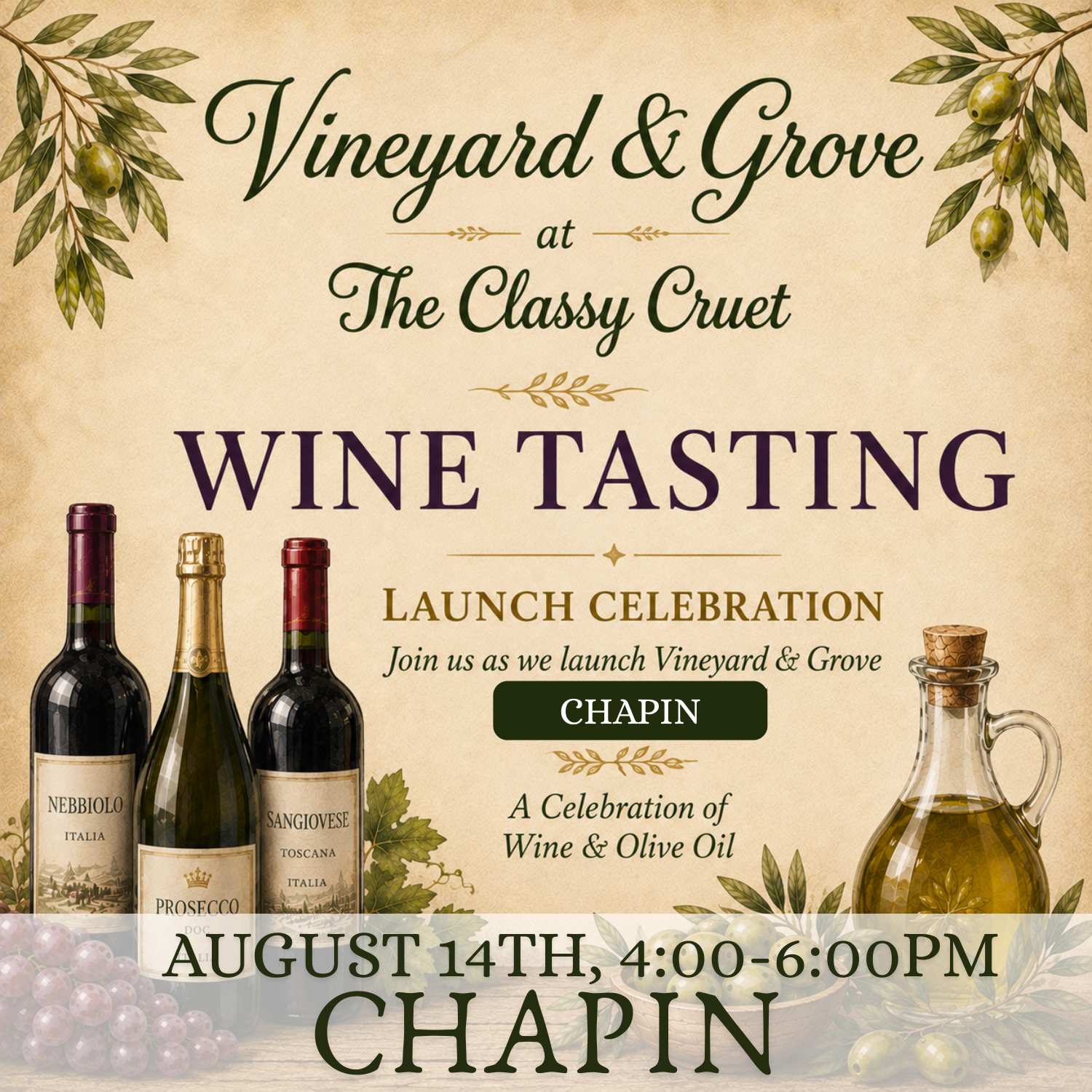 Wine Tasting: "Vineyard & Grove" · August 14th · Chapin