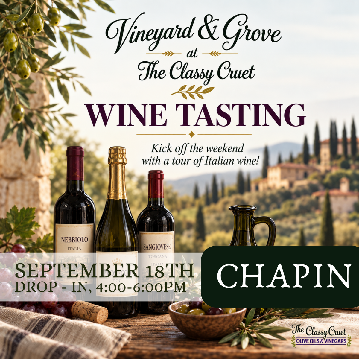Wine Tasting: "Vineyard & Grove" · September 18th · Chapin