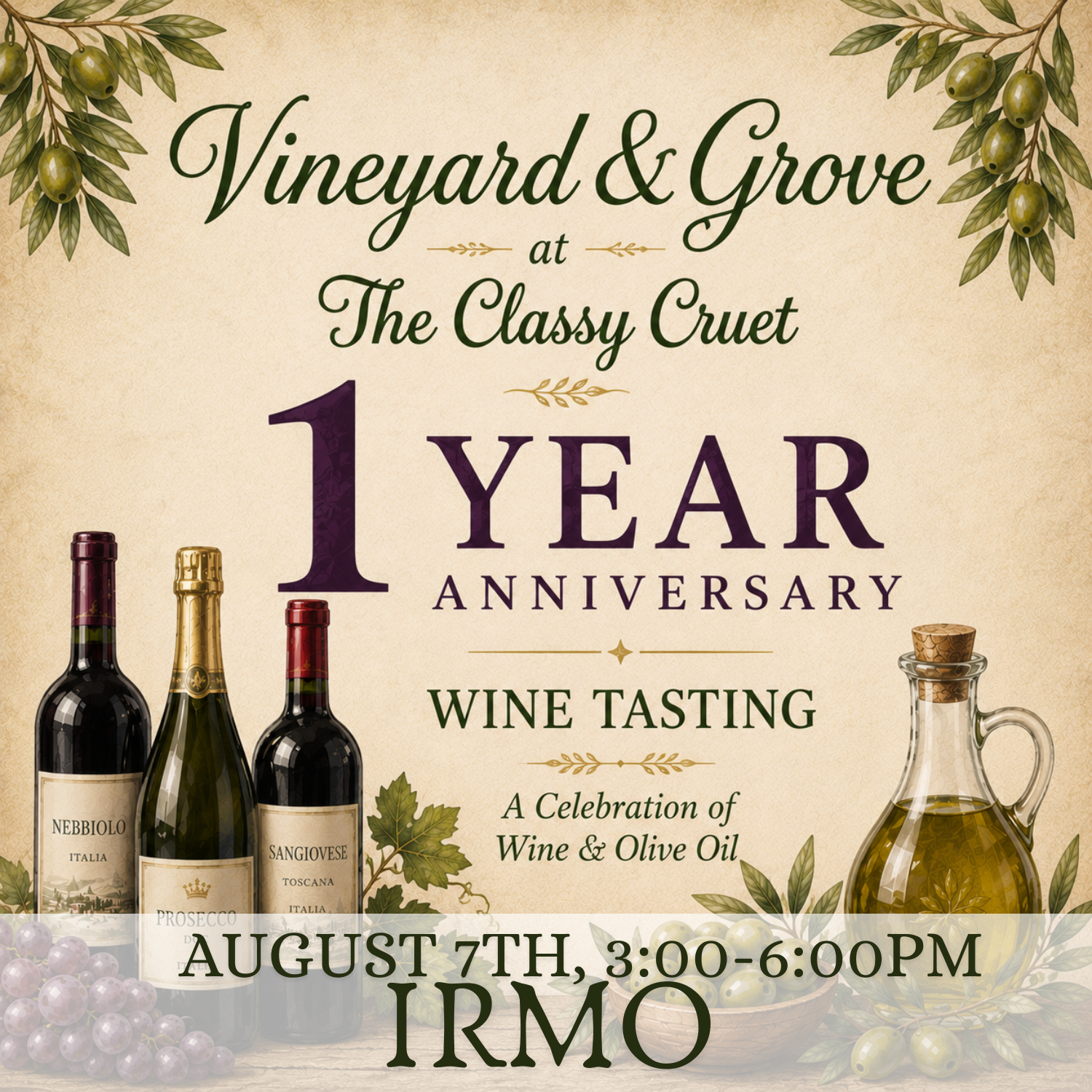 Wine Tasting: "Vineyard & Grove" · August 7th · Irmo's 1-Year Anniversary!
