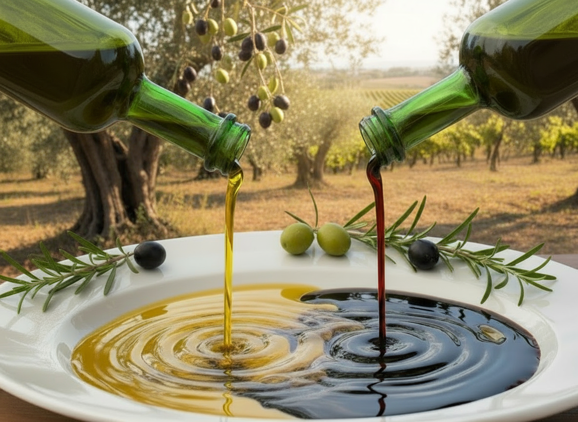 extra virgin olive oil and balsamic vinegar, an inspiring picture invoking olive trees, olives, balsamic grapes, poured oil, poured vinegar, and how they beautifully mix together for a delicious flavor